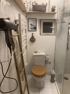 Douche, séchoir à cheveux, serviettes fournies, savon
