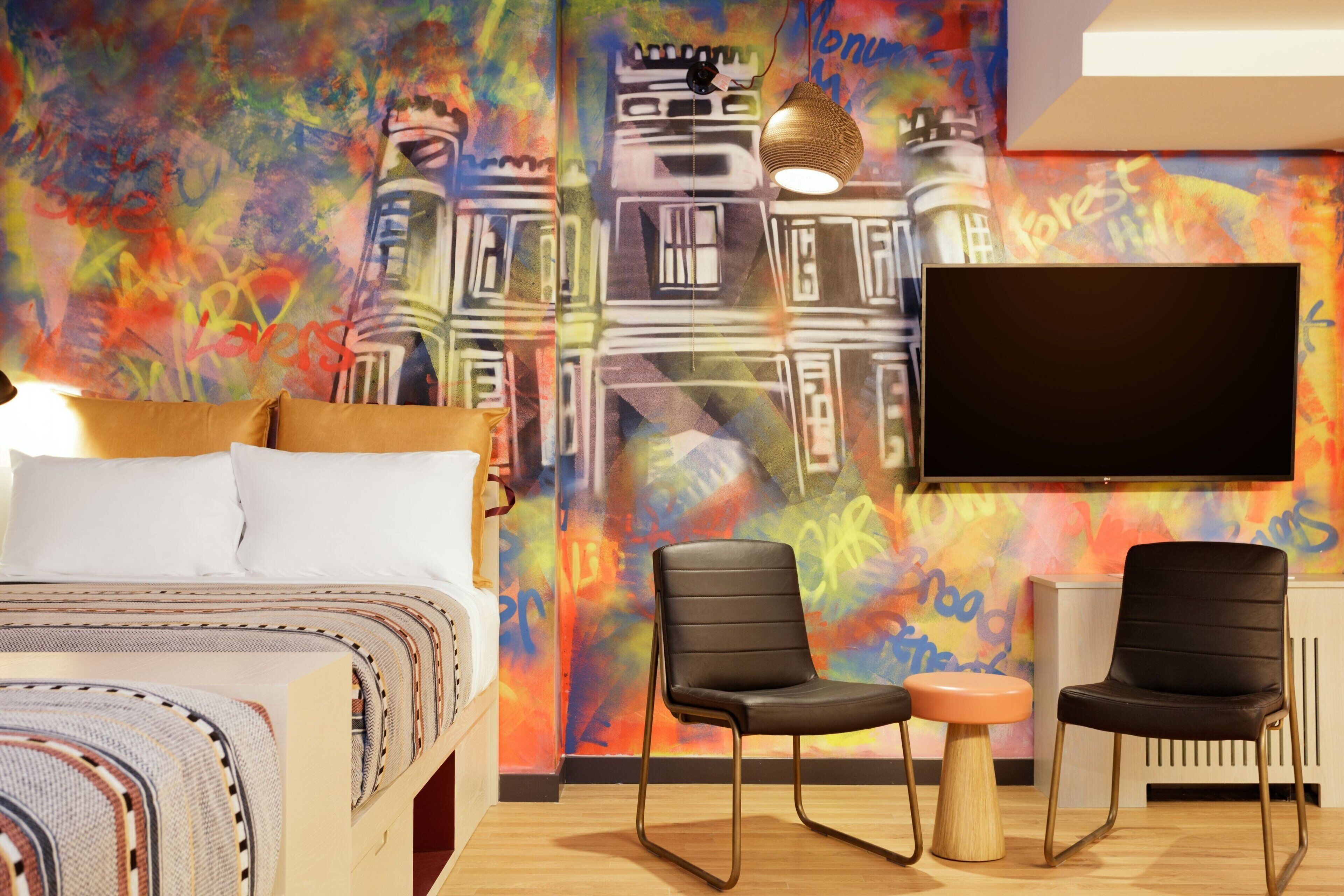 Desk, laptop workspace, blackout curtains, free WiFi