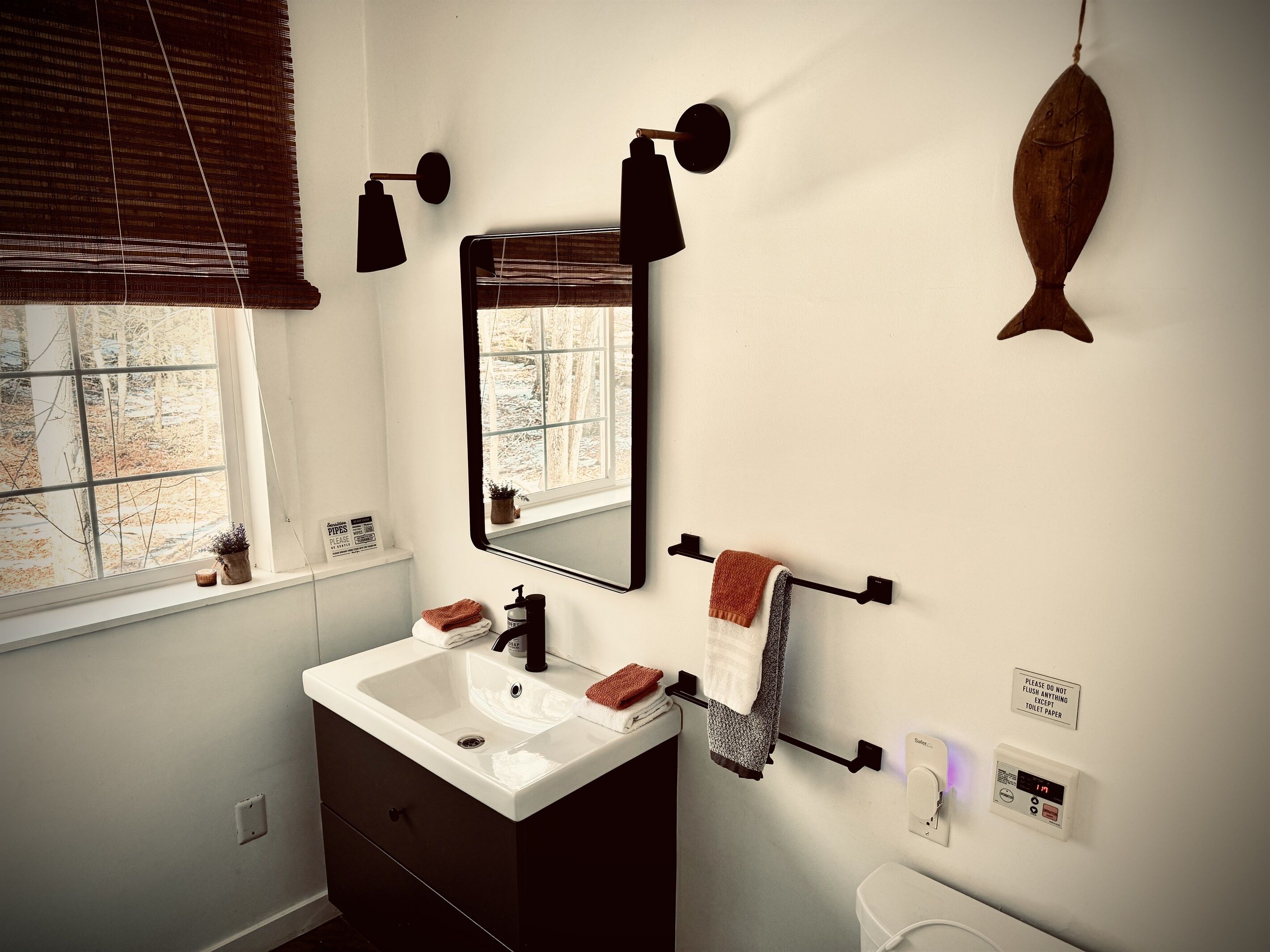 Combined shower/tub, hair dryer, towels