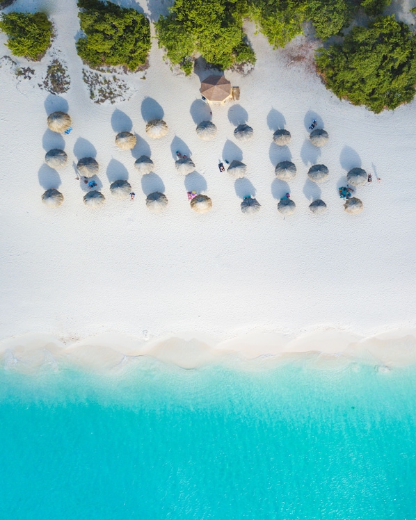 Vista aérea de uma praia com vários guarda-sóis grandes e cadeões de praia dispostos em fileiras.