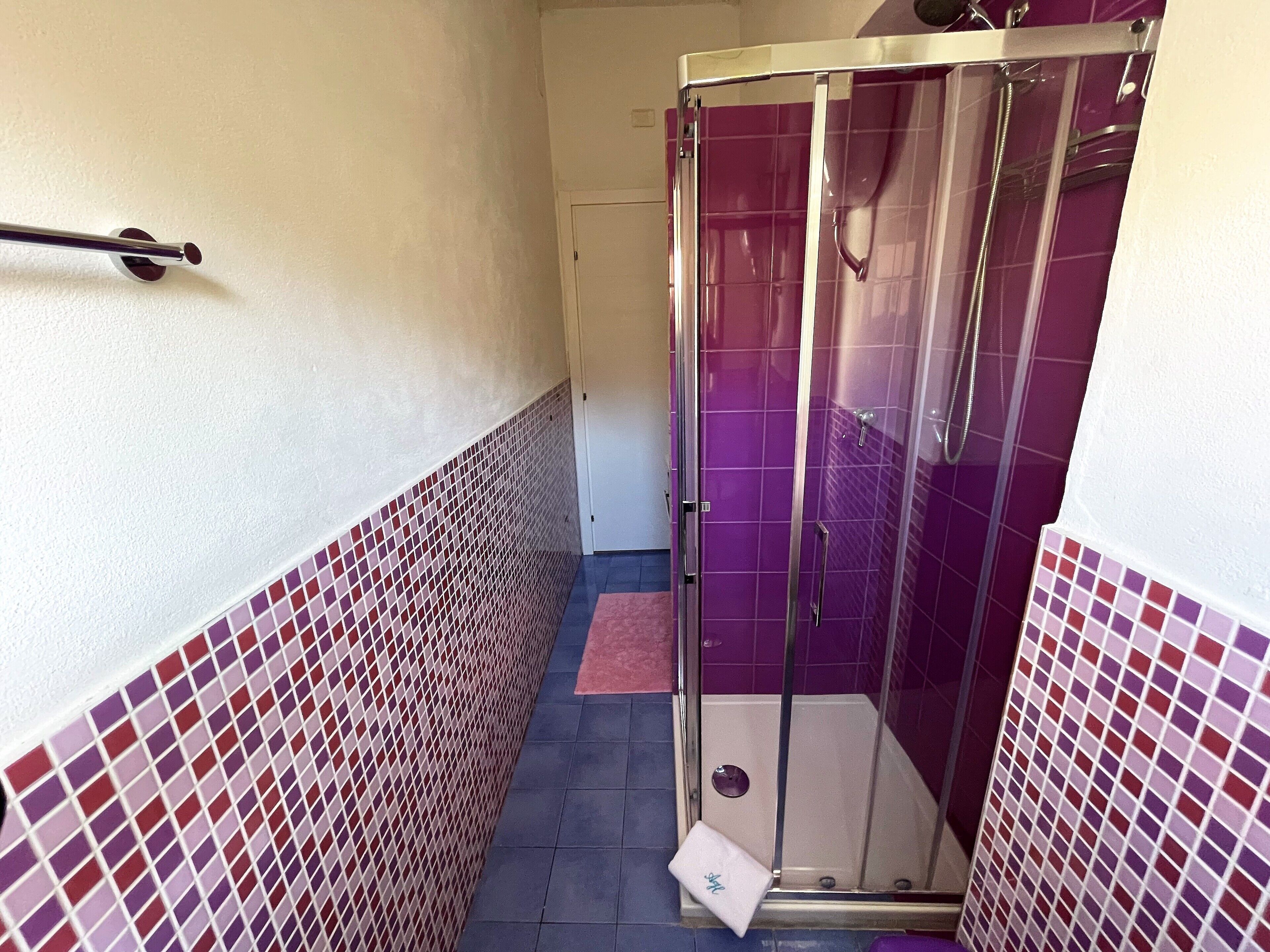 Un pasillo estrecho con zona de ducha, paredes con azulejos morados y una puerta de cristal.