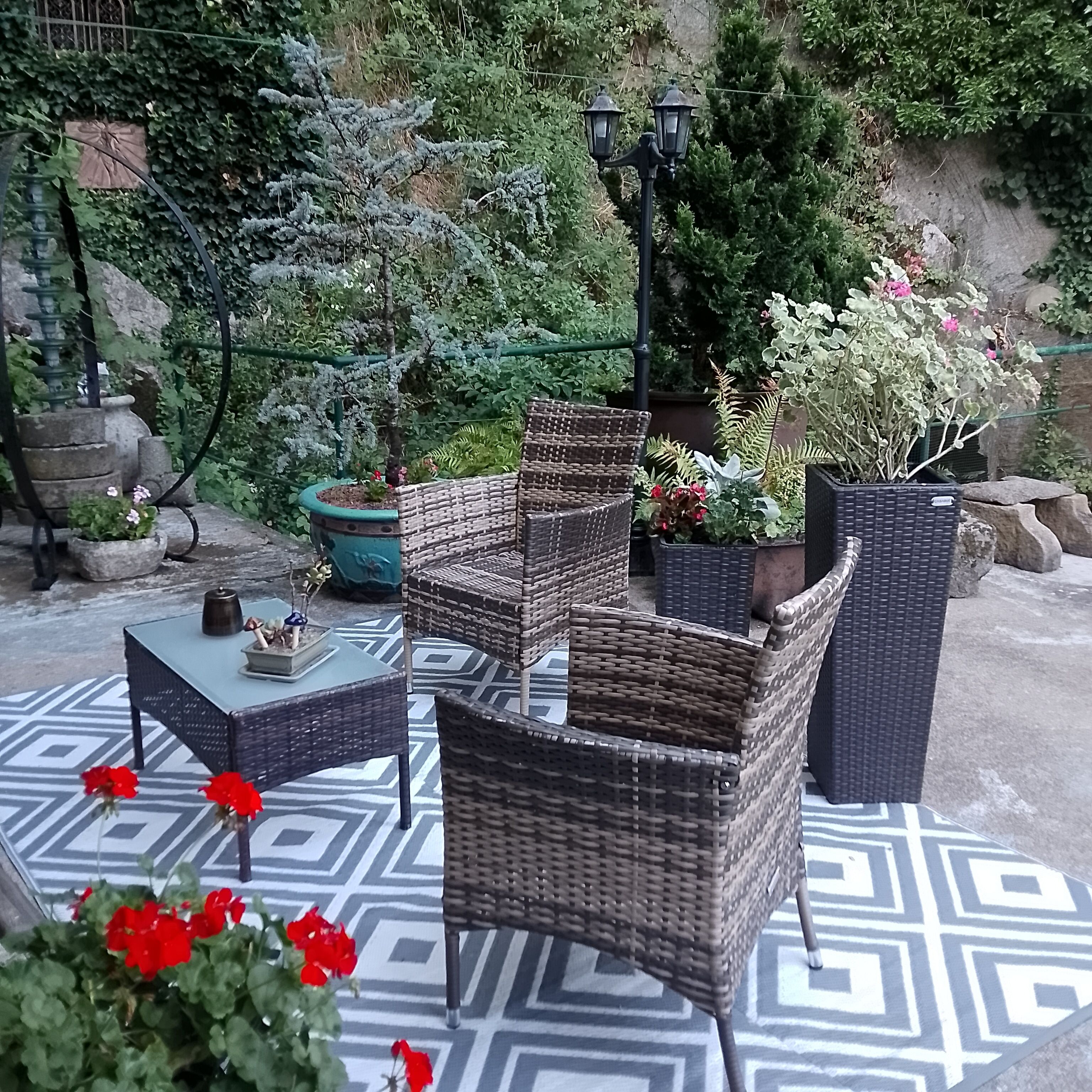 An outdoor seating area with wicker furniture, a patterned rug, and potted plants.