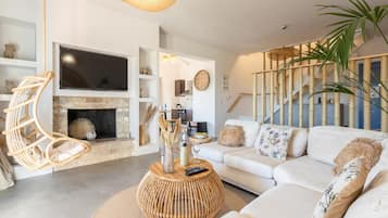 TV, fireplace, books