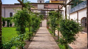 A wooden pathway flanked by lush greenery, leading to a building with a tiled roof and arched windows. - Palazzo San Giovanni (Cava de' Tirreni)
