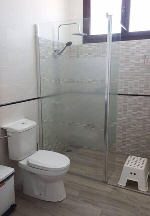 Ducha, secador de pelo, toallas, jabón