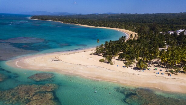 An aerial view of a beach with clear turquoise waters, a sandy shore, and dense tropical vegetation. - Amar'e Aparthotel & Spa (Las Terrenas)