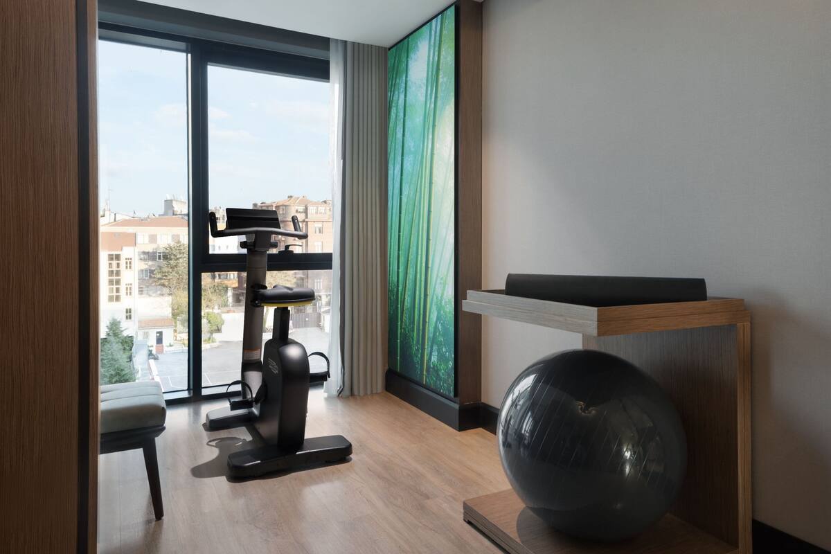 Une salle de sport moderne, équipée d’un tapis de course, d’un ballon d’exercice et d’un banc.