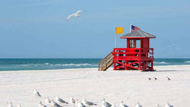 Une tour de surveillance de plage avec une structure rouge, un drapeau jaune et un drapeau américain.