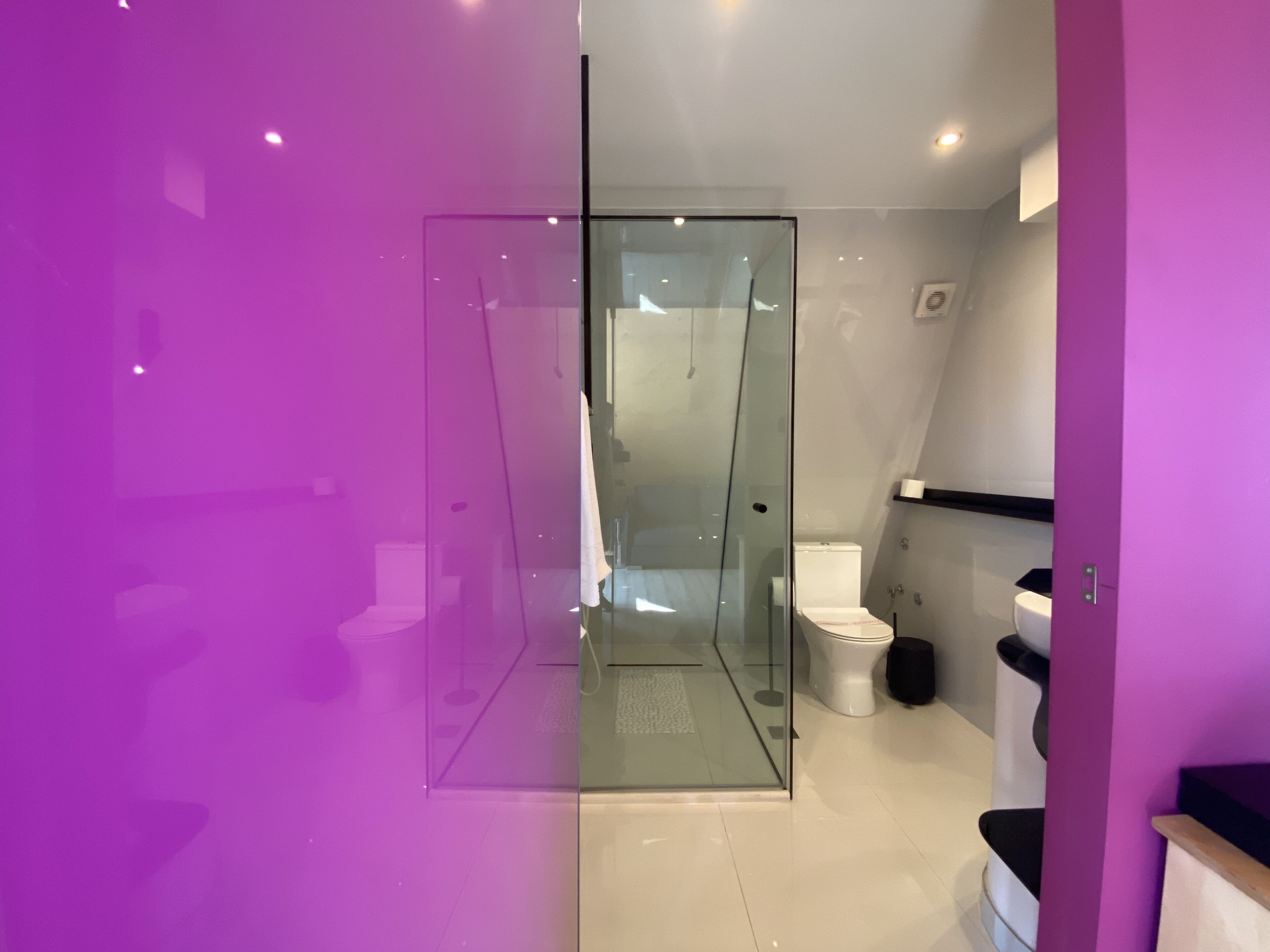 A modern bathroom with a glass shower enclosure, a toilet, and a sink.