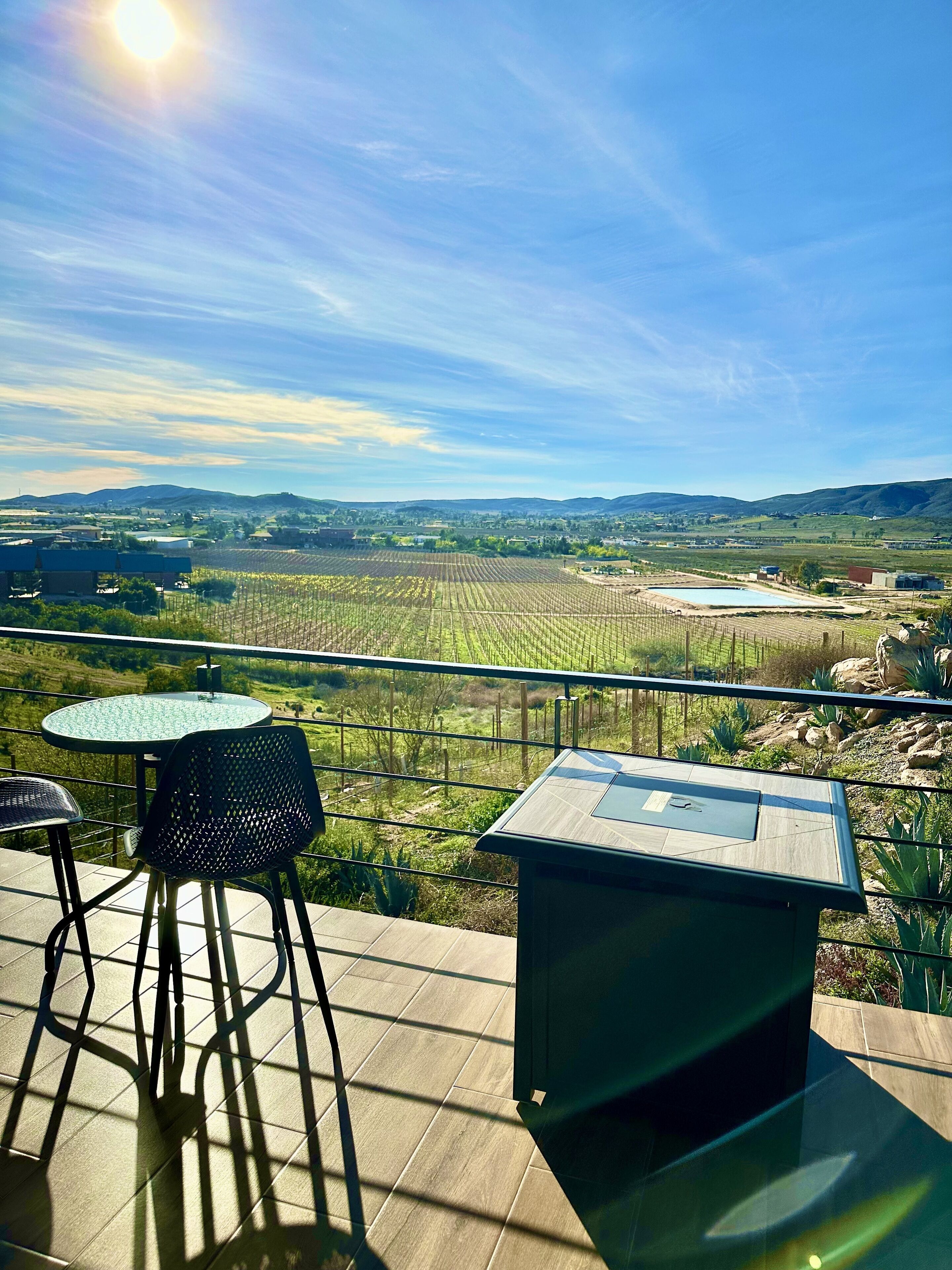 A terrace with a table and chairs, overlooking a vineyard and distant hills.