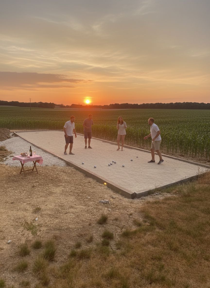 Un grupo de personas jugando croquet en un campo abierto al atardecer.