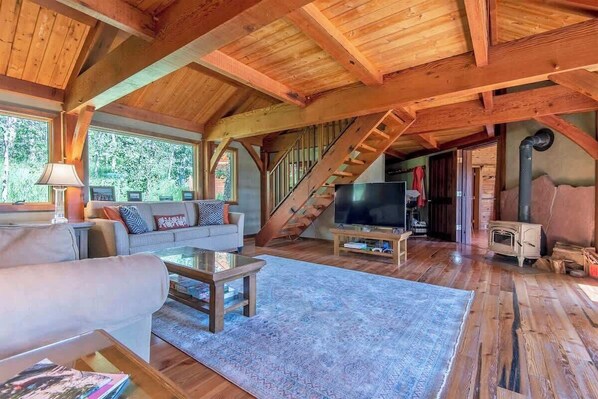 Smart TV, fireplace, books, offices