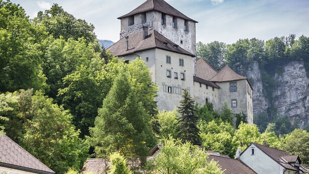 A historic building with a tower, surrounded by lush greenery and a cliff.