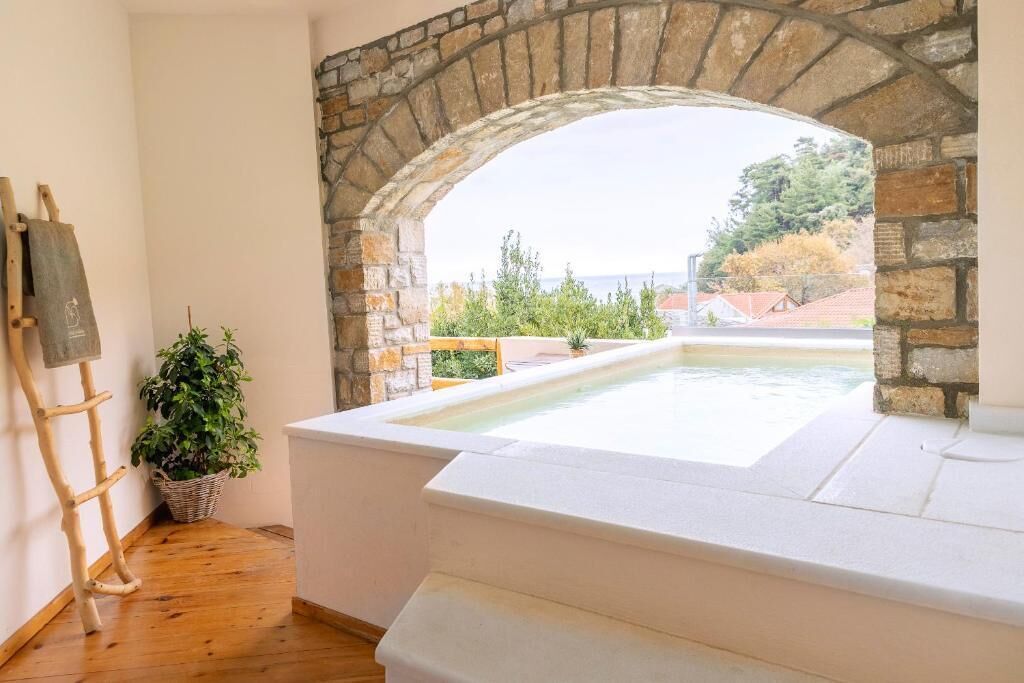 A room with a stone archway leading to a pool, a wooden ladder, and a potted plant.