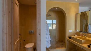 A modern bathroom with a wooden shower enclosure, a large mirror, and a visible outdoor view through the shower door.
