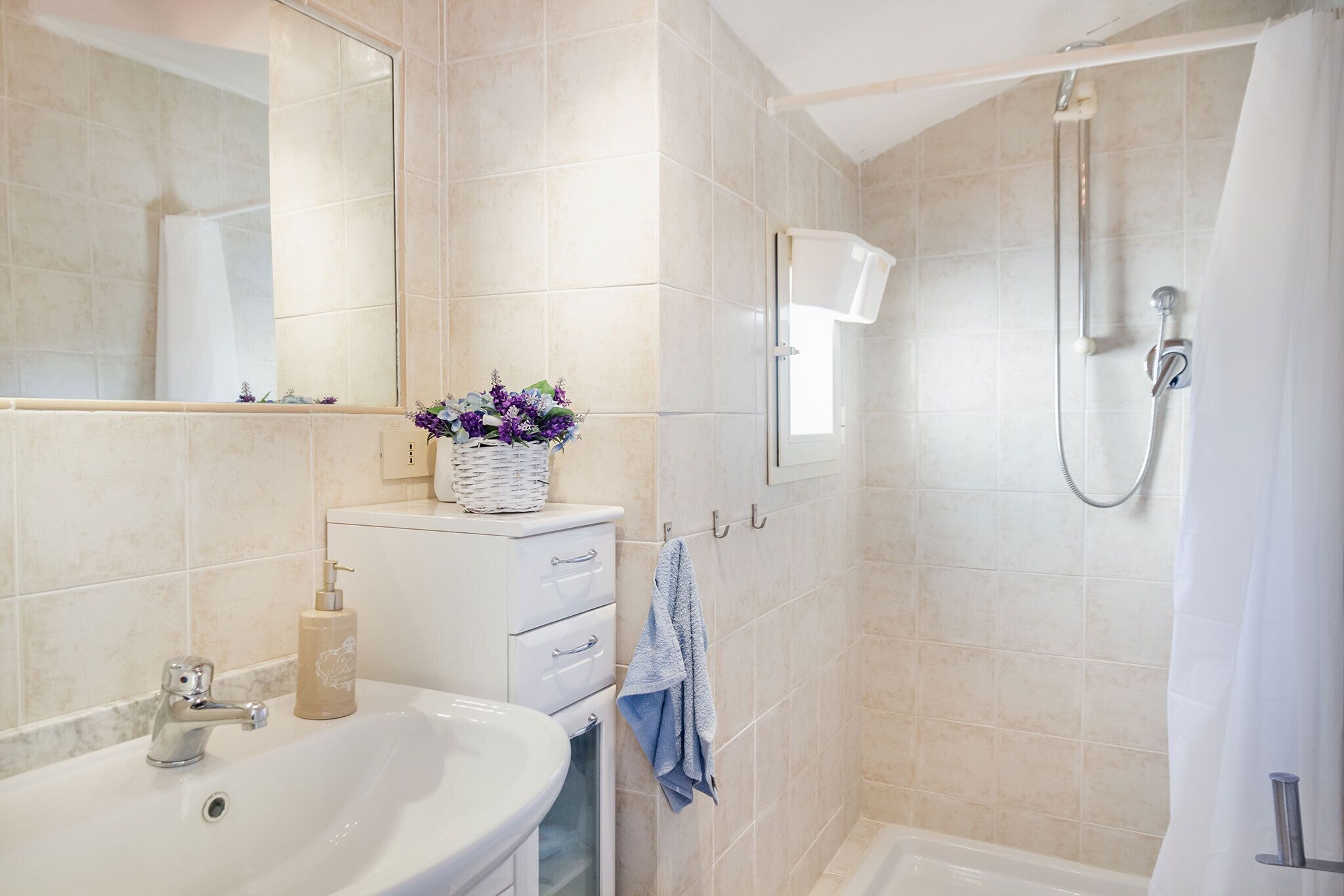 Baño con lavamanos, espejo, ducha y toallero.
