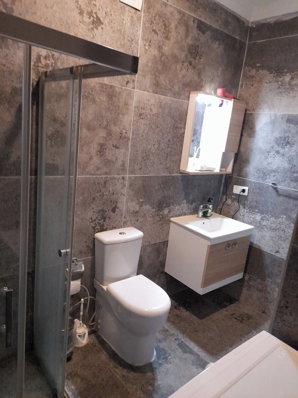 A modern bathroom with a glass shower enclosure, a toilet, a sink, and a mirror.