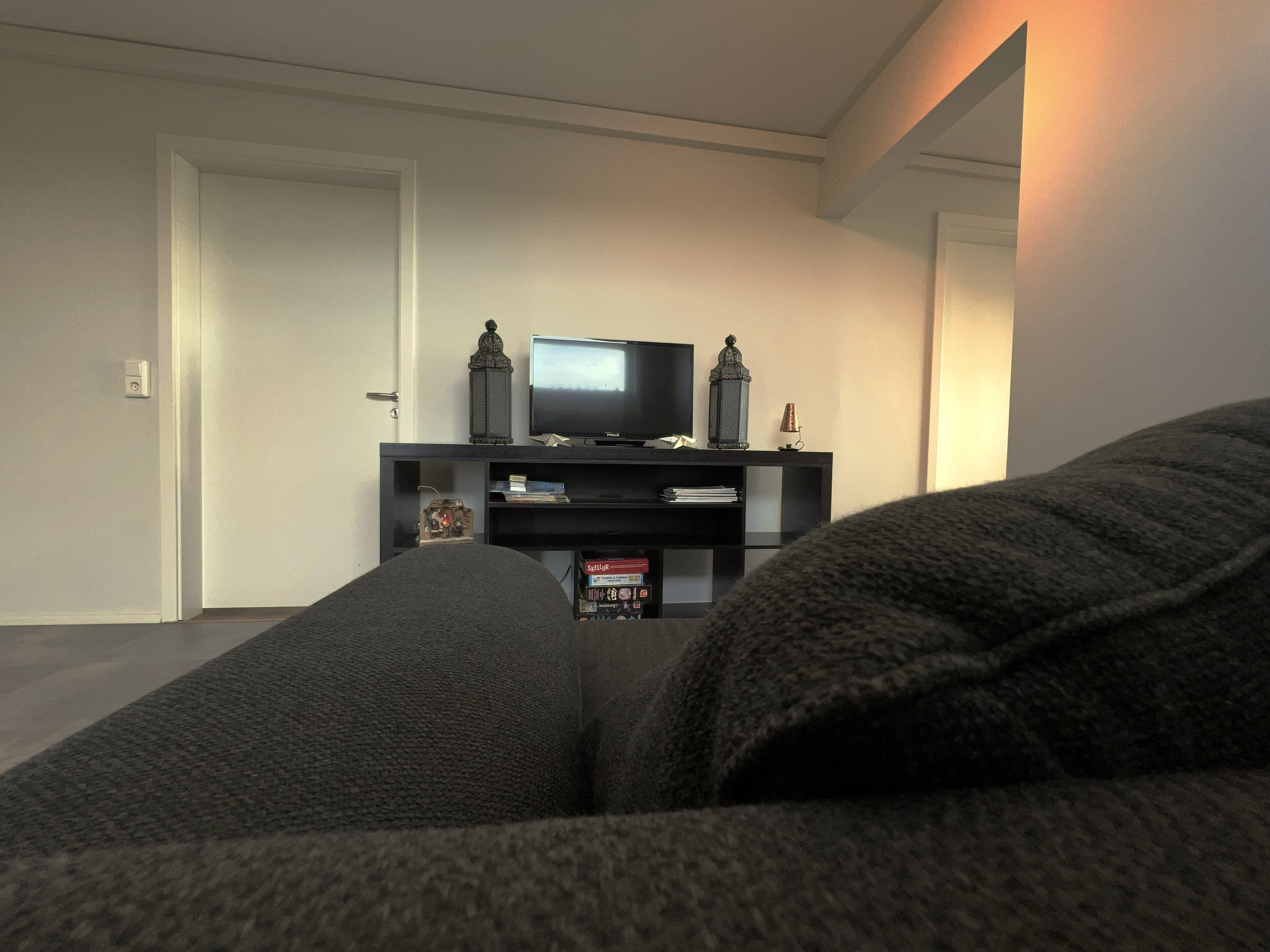 A living room with a dark-colored sofa, a television on a black stand, and a bookshelf with various items.