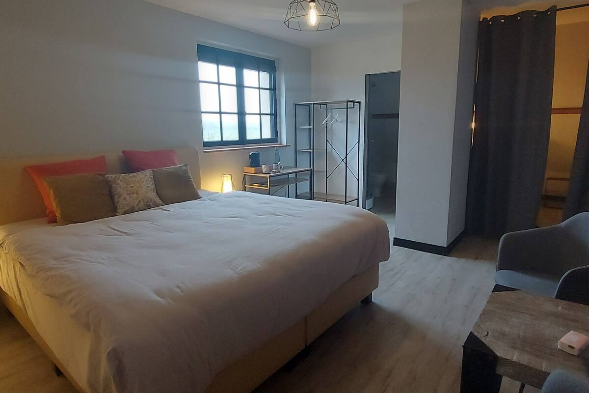 Une chambre d’hôtel moderne dotée d’un grand lit, d’un bureau et d’un espace douche.