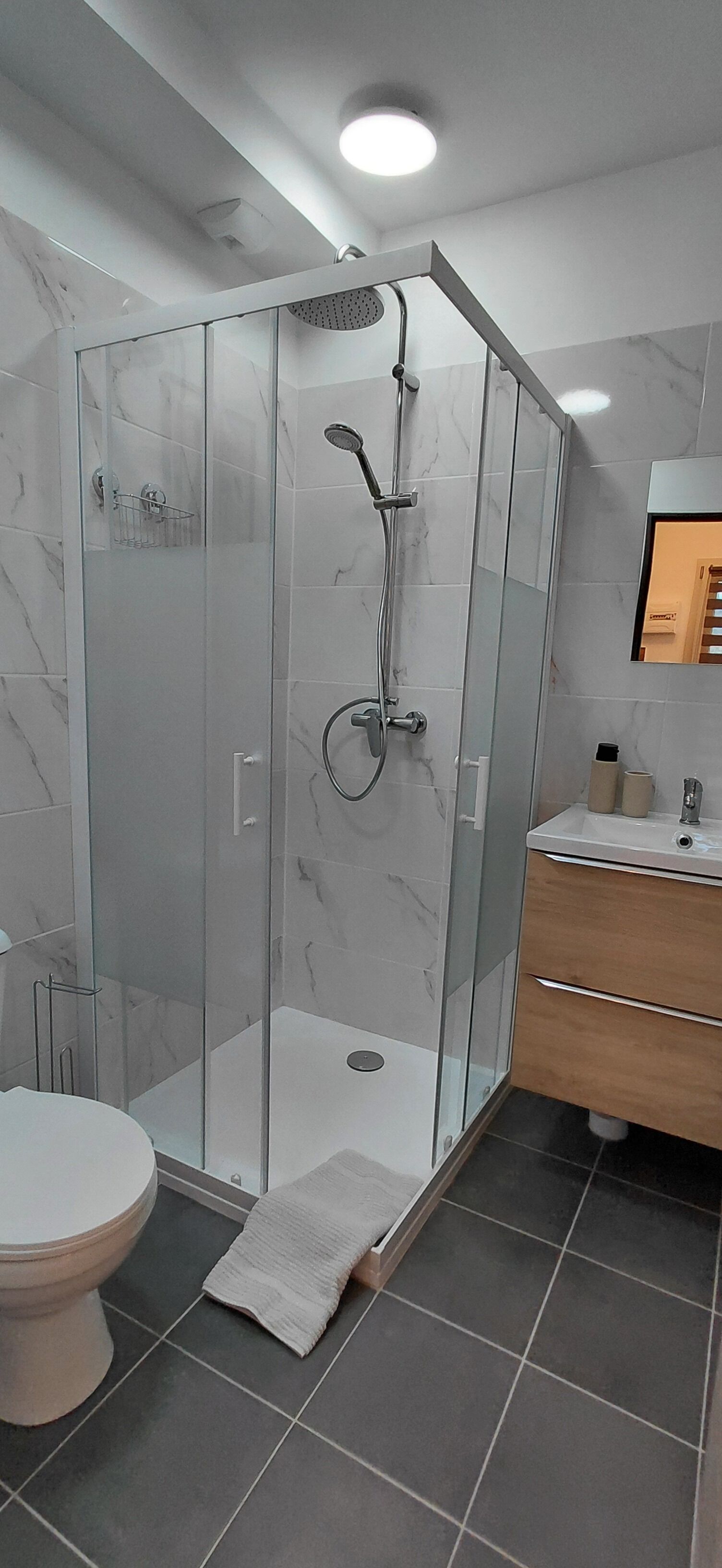 Un baño moderno con ducha envuelta en vidrio, inodoro y tocador con espejo.