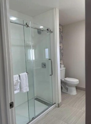 Bathroom features a glass-enclosed shower with a sliding door and a separate toilet.