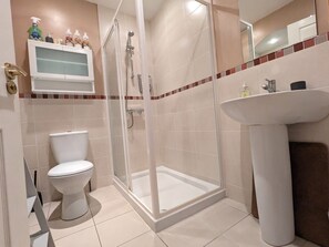 Een badkamer met toilet, douche met glazen deur, wastafel en spiegel boven de wastafel.