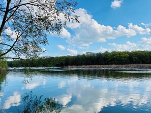 A calm lake with reflections of trees and sky, surrounded by dense forest. - The Sanctuary On Huron River (Flat Rock)