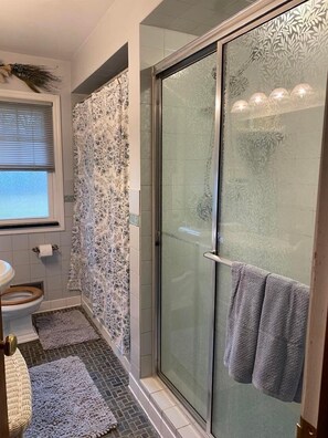 A bathroom with a shower, toilet, and sink. - The Sanctuary On Huron River (Flat Rock)