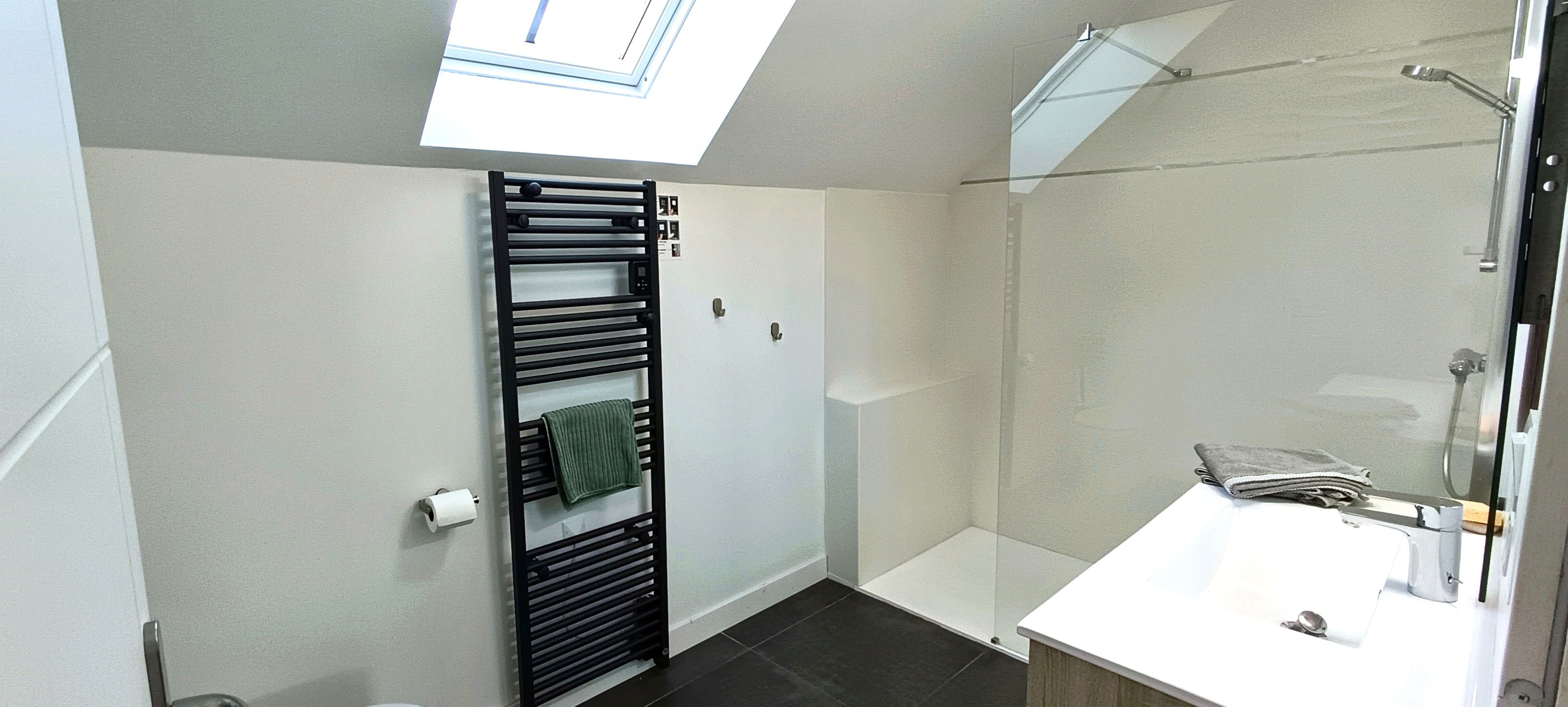 A bathroom with a skylight, a towel rack, a shower, and a sink.