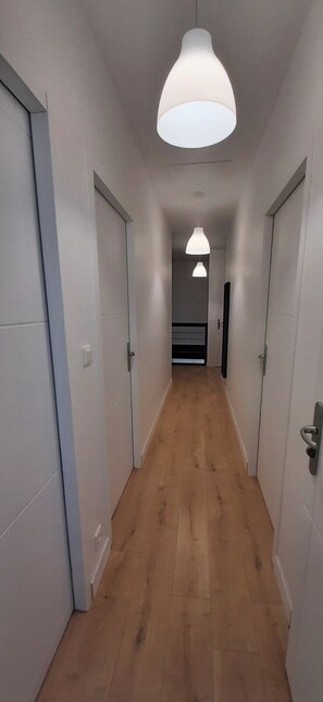 Un couloir doté d’un plancher en bois, de murs blancs et d’un luminaire au plafond.