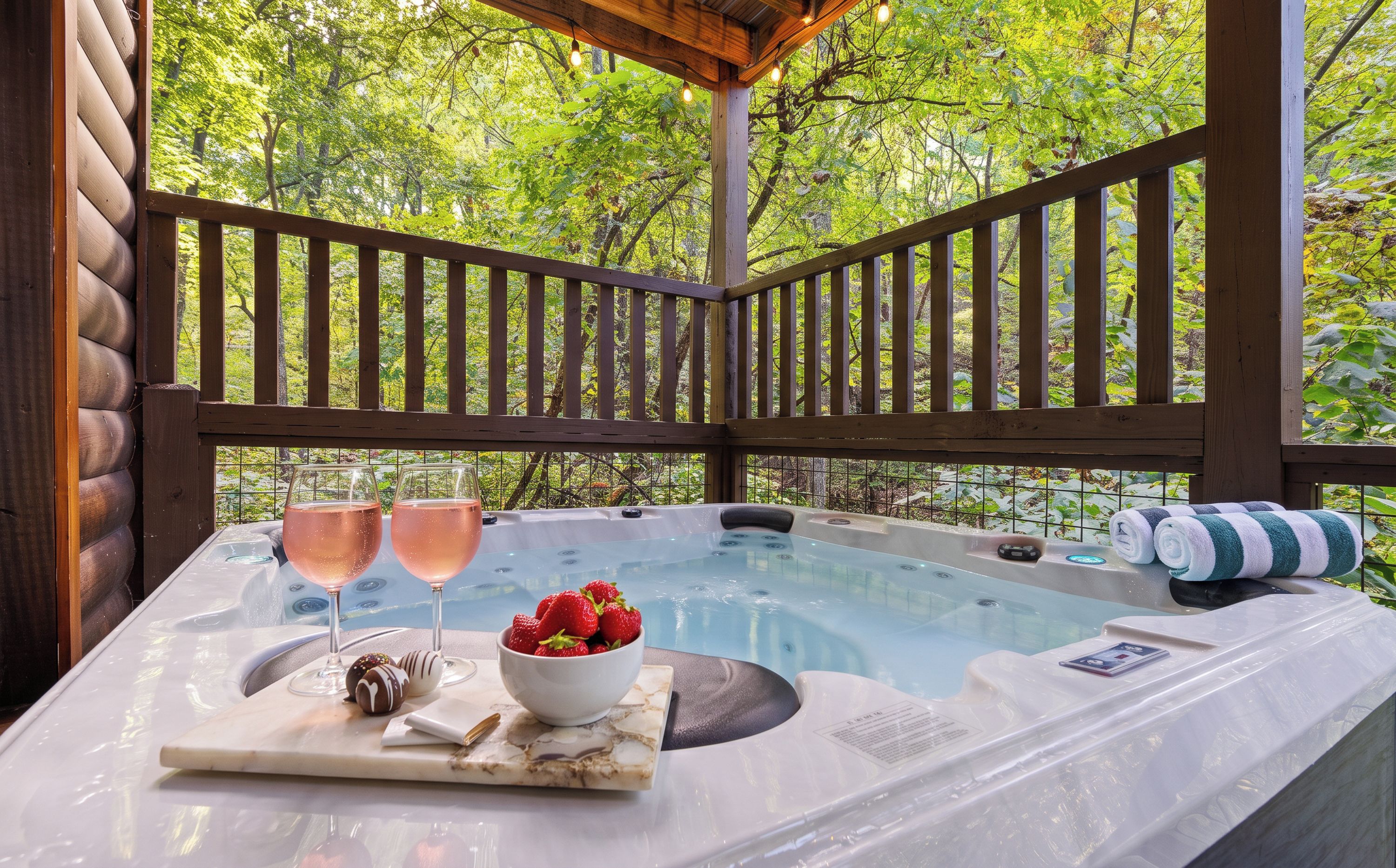 A hot tub with two glasses of pink wine and a bowl of strawberries on a marble tray.