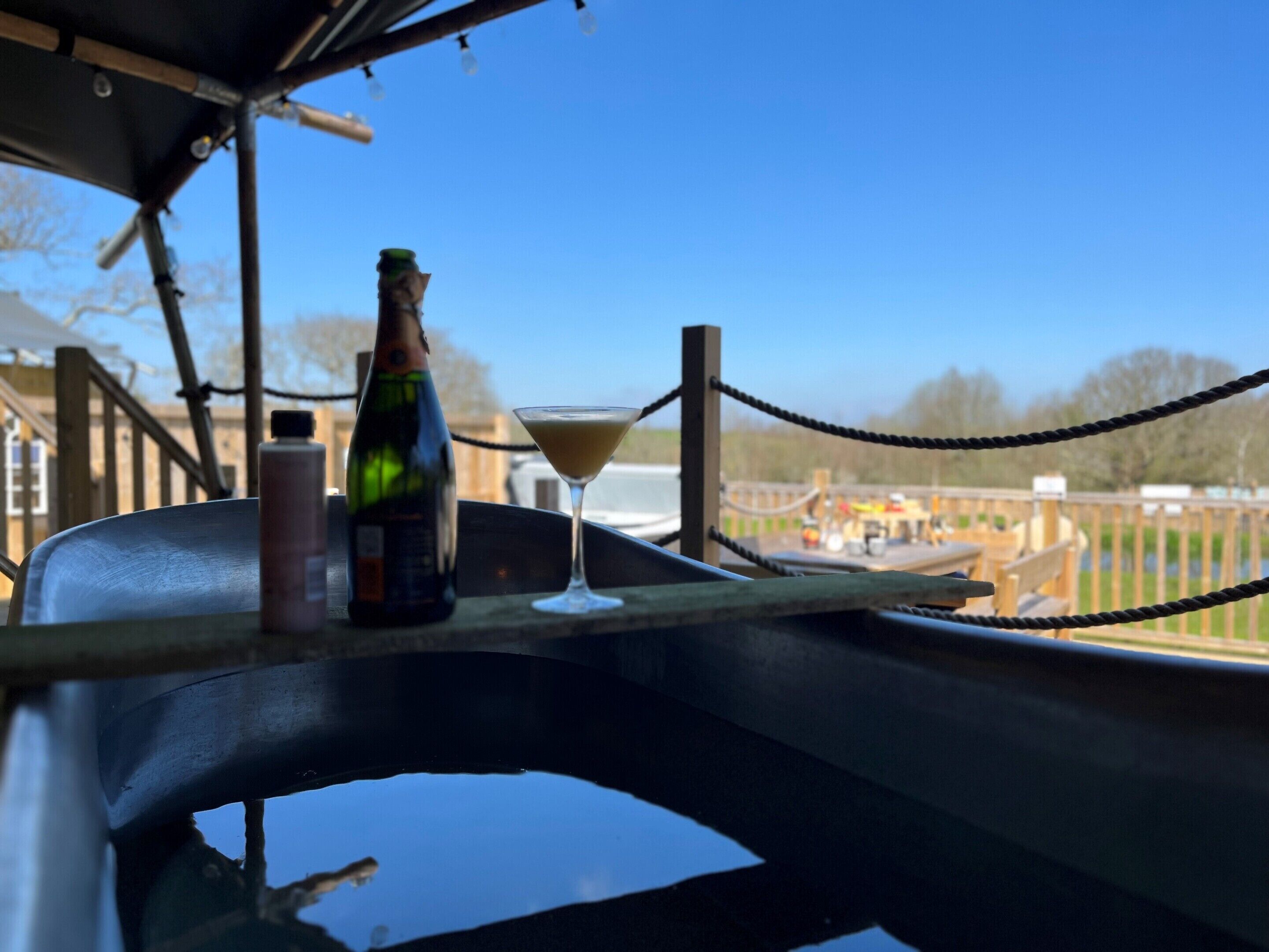A table with a bottle and a martini glass, overlooking a park with a wooden fence and distant buildings.