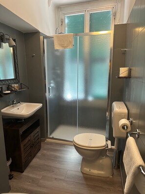 Une salle de bain moderne avec une douche à parois de verre, des toilettes, un lavabo et un miroir.