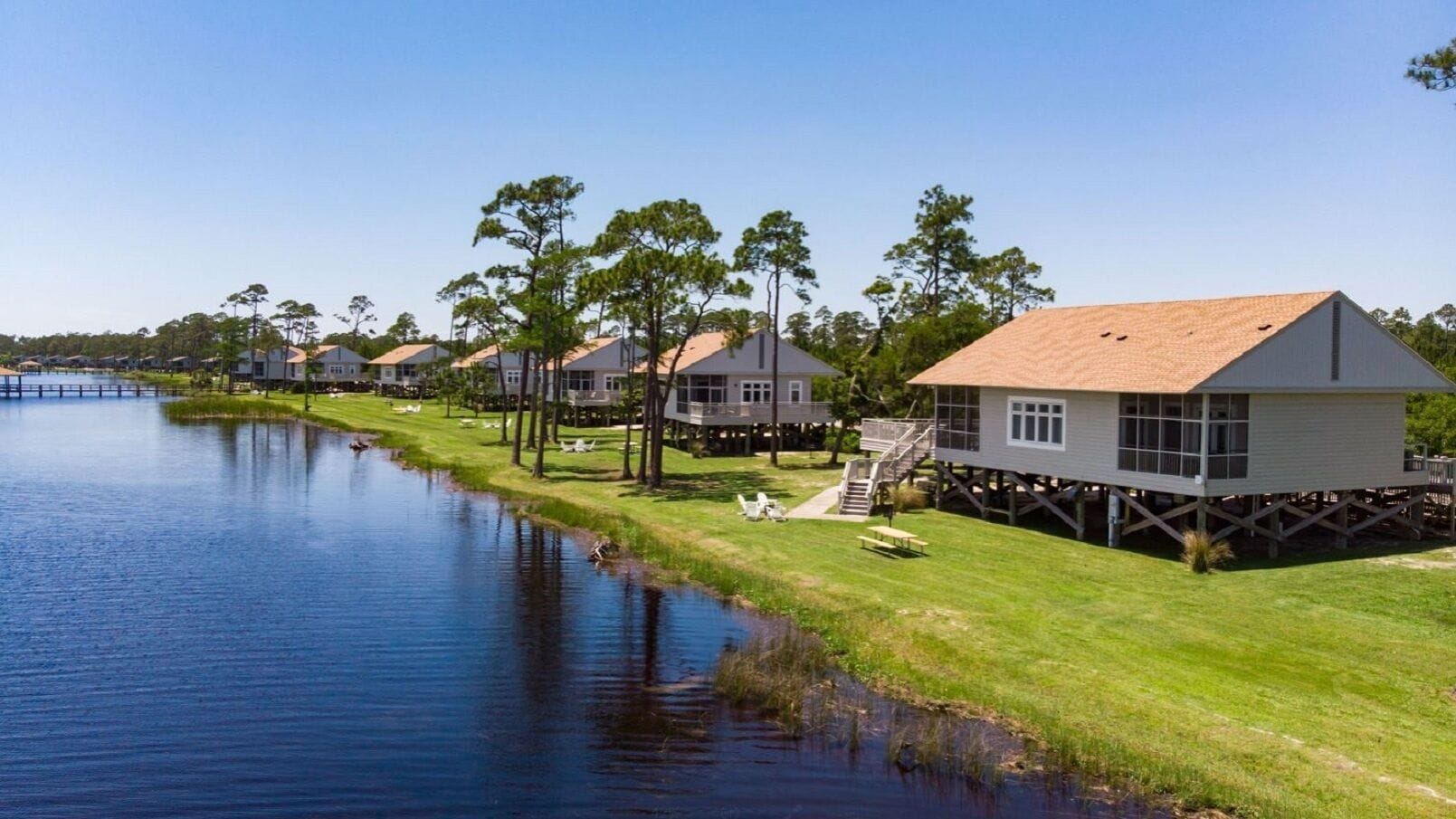 A waterfront property with multiple houses elevated on stilts, a grassy area, and a calm body of water.