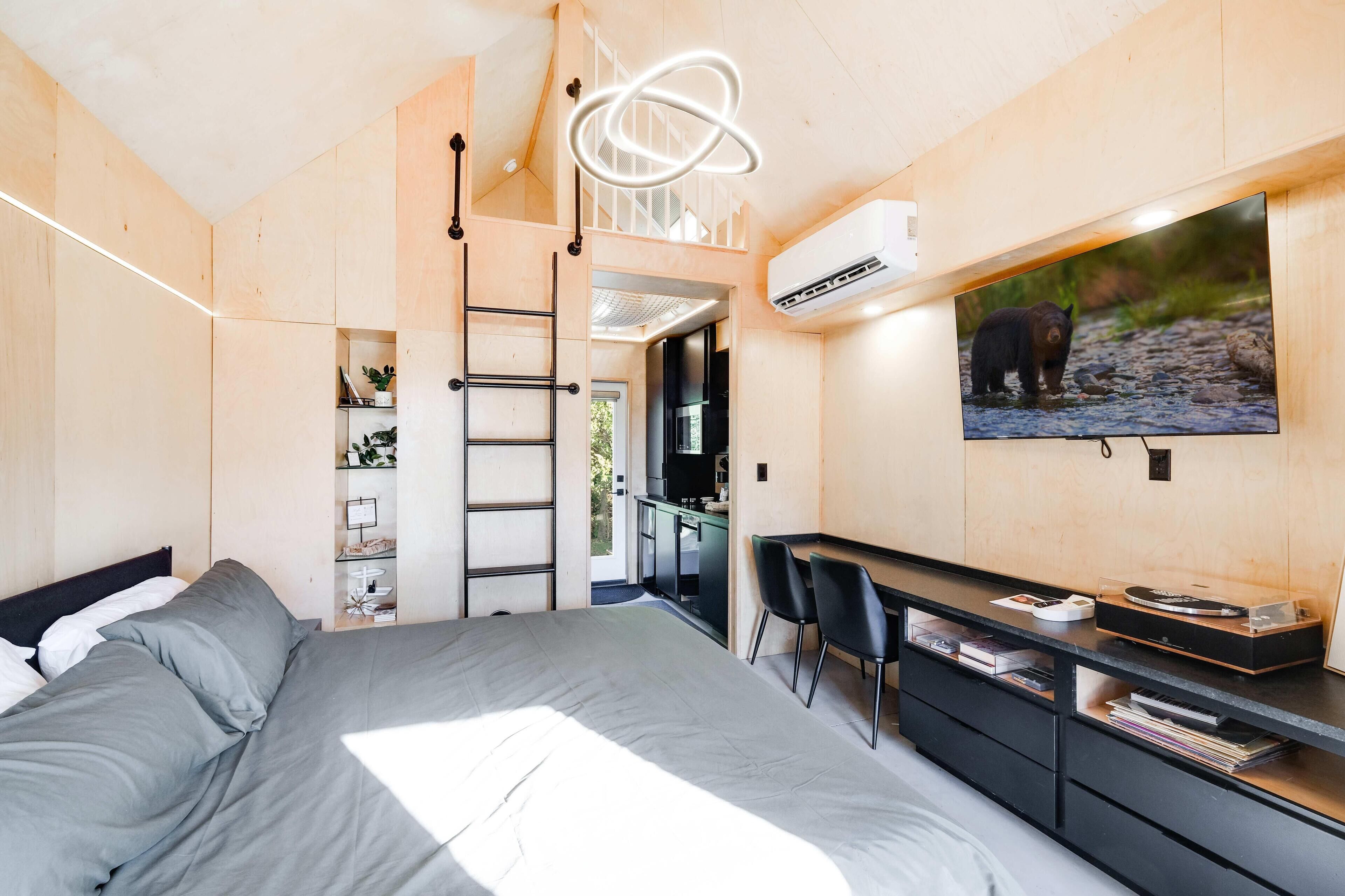 A modern bedroom with a bed, a desk, and a TV displaying a bear.