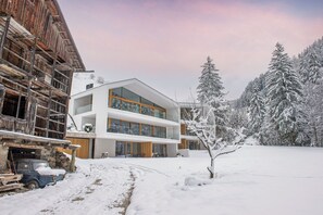 Un bâtiment moderne doté d’une façade en verre, de balcons en bois et de fondations en pierre.