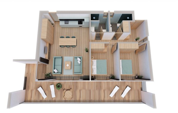 Distribución moderna de un apartamento con cocina, comedor, sala de estar y dos dormitorios.