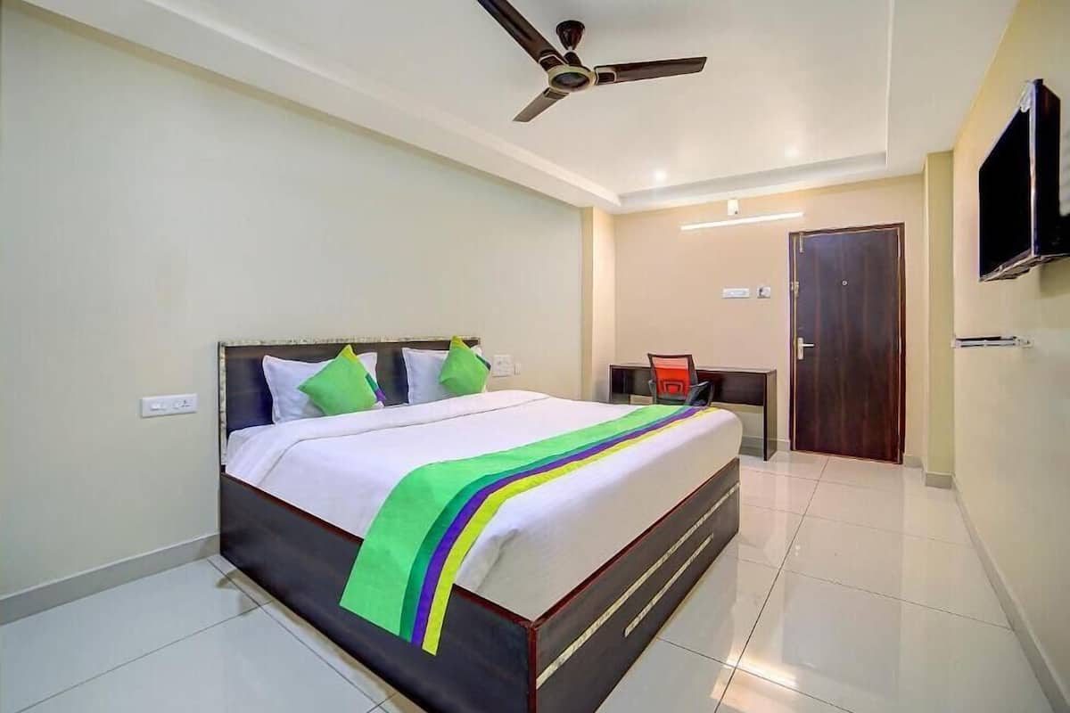 Une chambre d’hôtel avec un lit, un ventilateur de plafond, une télévision et une porte.