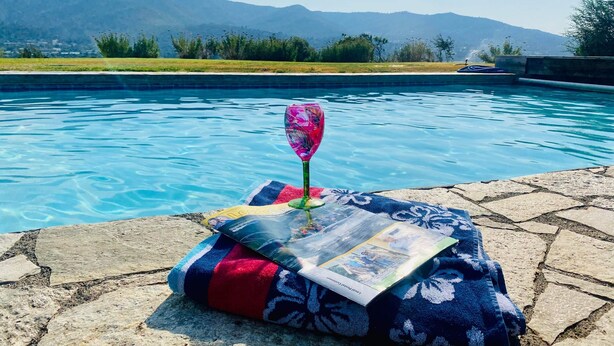 Ein Poolbereich mit einem steinbelagten Deck, einem farbenfrohen Kissen und einem Glas mit floralem Muster.