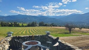 Ein Feuerkorb aus Stein mit Stühlen, einem Tisch und Blick auf einen Weinberg und Berge.