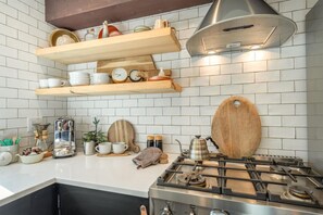 Fridge, microwave, oven, stovetop - Mid Century Modern Cabin - The Tahoe A-Frame (Homewood)