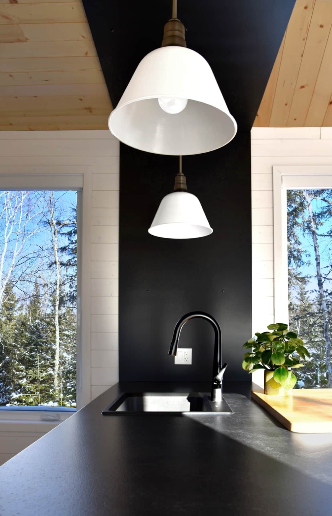 A modern kitchen with a black countertop, a stainless steel sink, and two pendant lights.