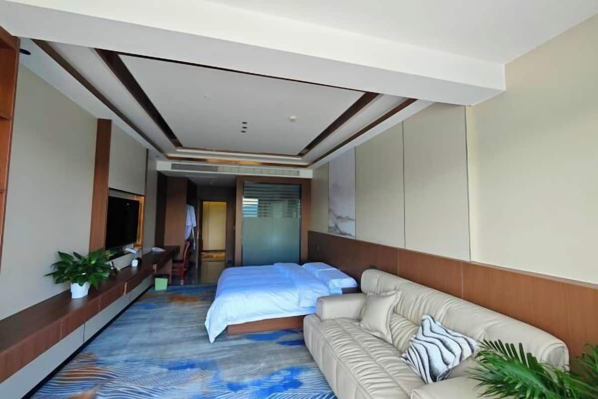 Ein Hotelzimmer mit Bett, einer Couch, einem Fernseher und einer Pflanze.