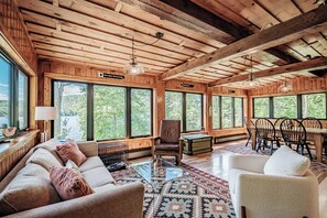 Televisión, chimenea y libros 