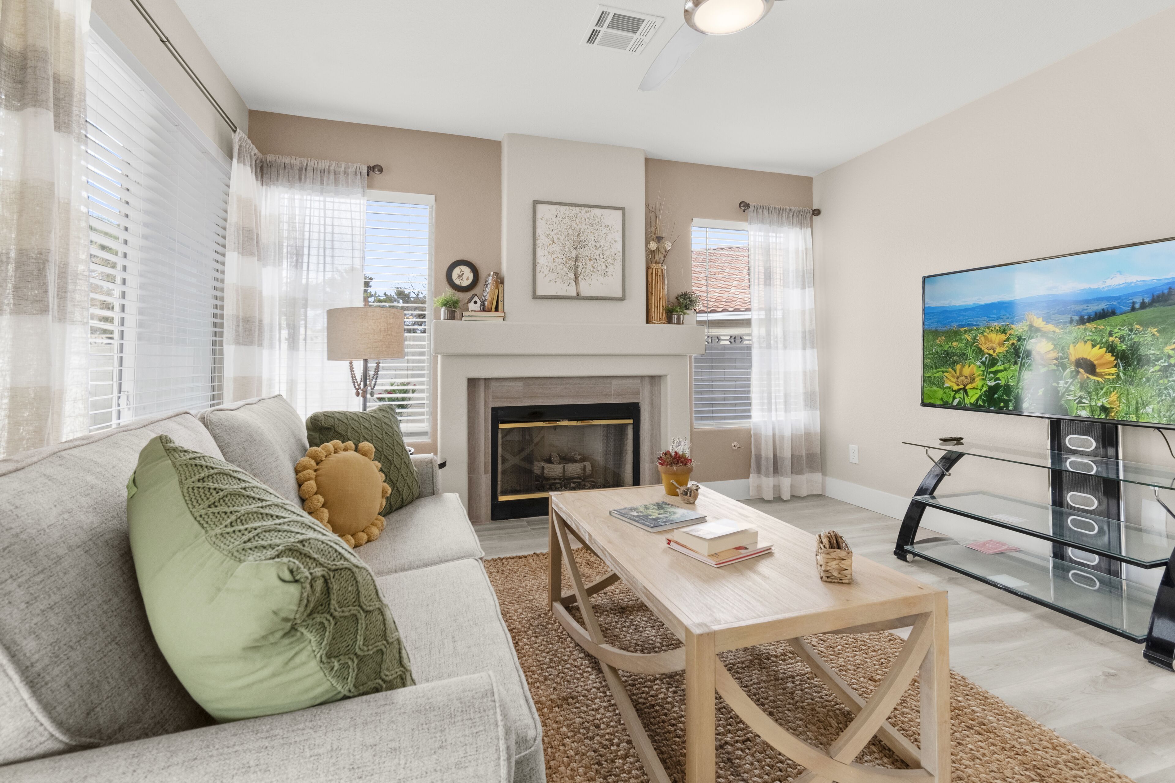 A living room with a fireplace, a sofa, a coffee table, and a TV.