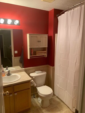 Combined shower/bathtub, hair dryer, towels, soap