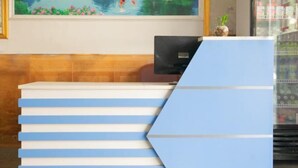En receptionsdisk med en blå och vit design, en datorskärm och en liten växt ovanpå.