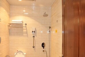 Ein Badezimmer mit Toilette, Handtuchhalter, Dusche und einer Holztür.