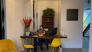 Un interno moderno con un tavolo da pranzo in legno, sedie gialle, un computer portatile e una pianta in vaso.