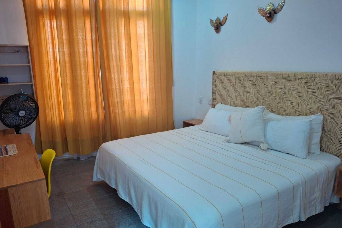 A hotel room with a bed, a desk, a chair, a fan, and curtains.